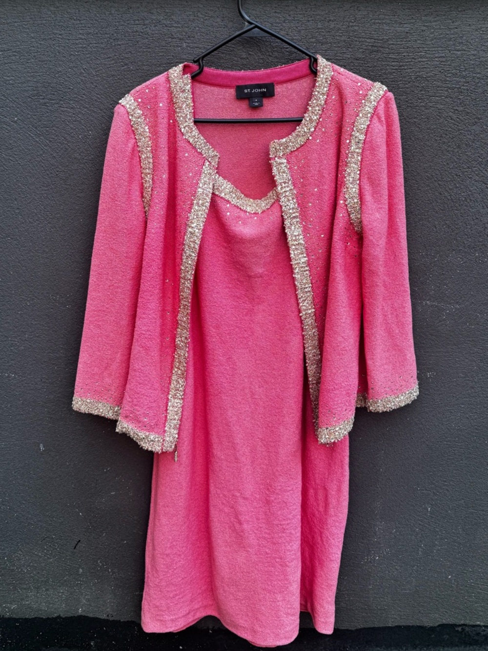 St. John Pink Beaded Trim Knit Jacket and Dress Set